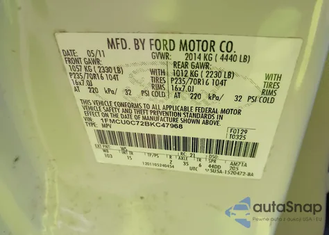 2011 Ford Escape Xls z USA, uszkodzony, nr VIN 1FMCU0C72BKC47968